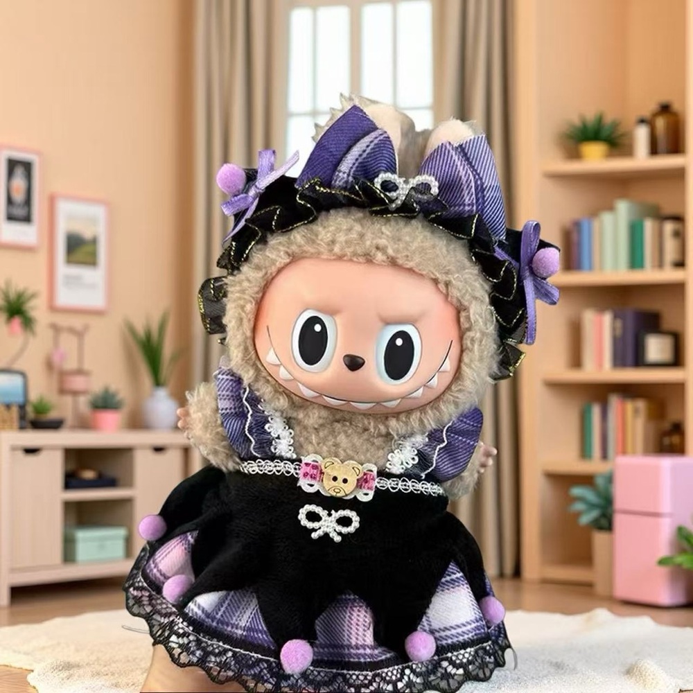 Cute Plush Doll in Purple and Black Outfit